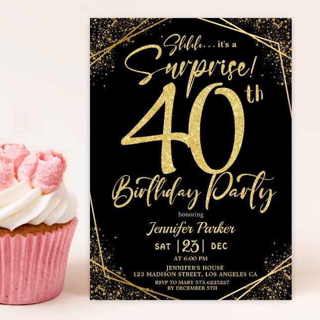 Invitación Sorpresa 40.º Fiesta de cumpleaños Purpurina negro (Subido por el creador)