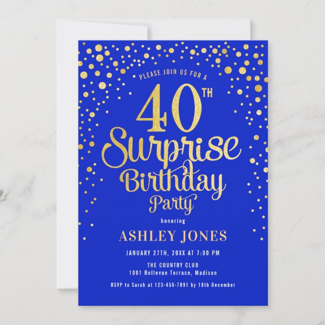 Invitación Sorpresa 40.º Fiesta de cumpleaños - Royal Blue &  (Anverso)