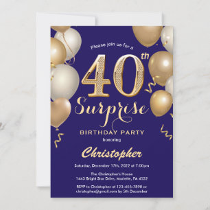 Invitación Sorpresa 40.º globo azul y oro de la marina de cum