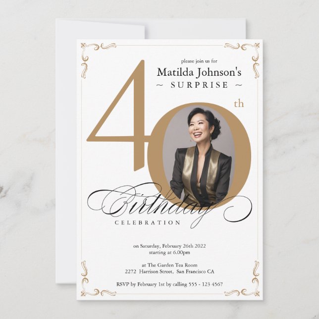 Invitación Sorpresa 40.º Personalizado Elegante de Oro Blanco (Anverso)