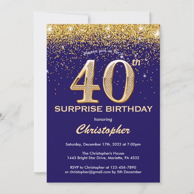Invitación Sorpresa 40.º Purpurina azul y oro de la Marina de (Anverso)