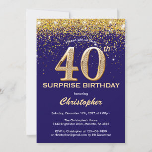 Invitación Sorpresa 40.º Purpurina azul y oro de la Marina de