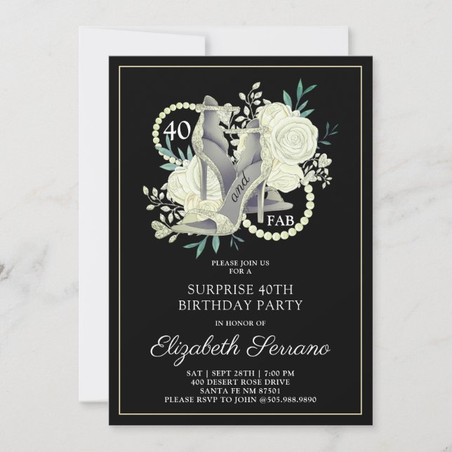 Invitación Sorpresa 40.º Purpurina blanco negro (Anverso)