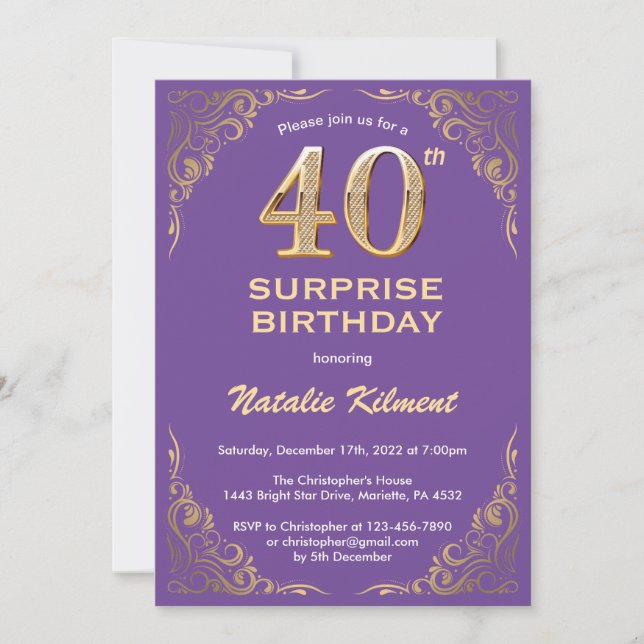 Invitación Sorpresa 40.º Purpurina de cumpleaños Morado y Oro (Anverso)