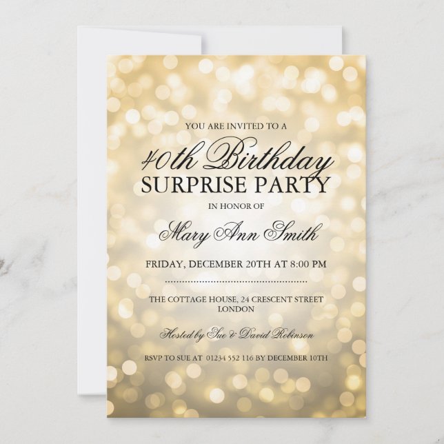 Invitación Sorpresa 40.º Purpurina de oro Fiesta de cumpleaño (Anverso)