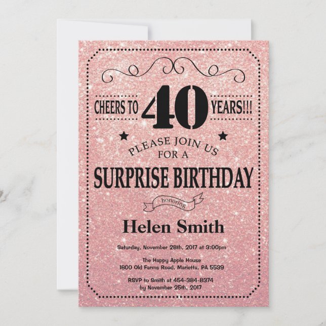Invitación Sorpresa 40.º Purpurina de oro rosa de cumpleaños (Anverso)