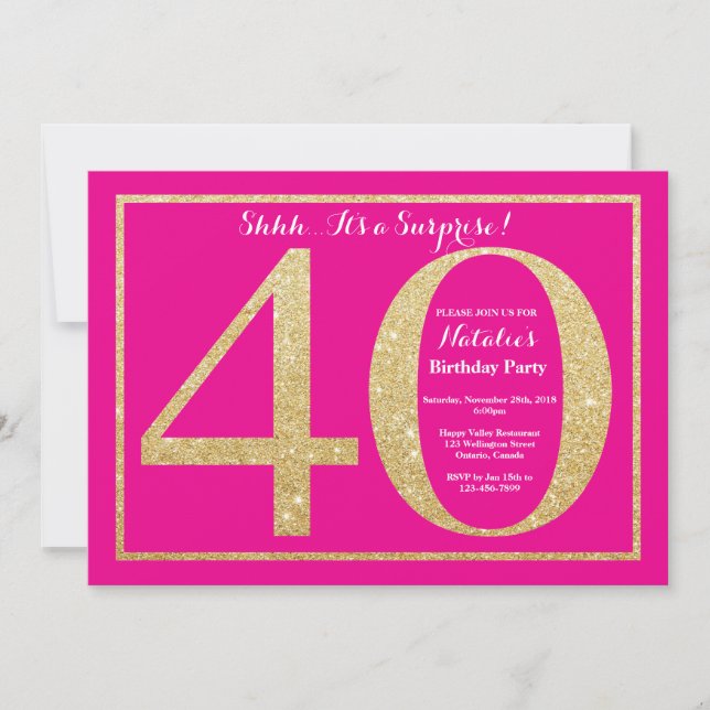 Invitación Sorpresa 40.º Purpurina de oro y rosado caliente (Anverso)