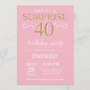 Invitación Sorpresa 40.º Purpurina de oro y rosado de cumplea