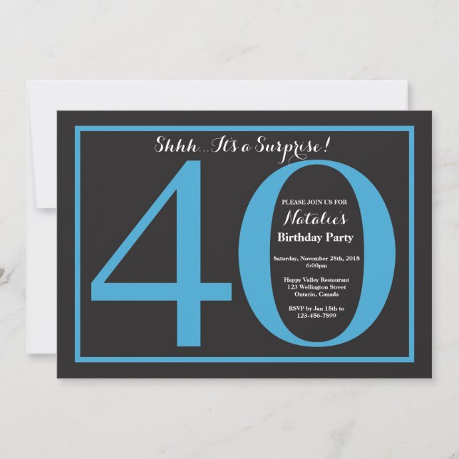 Invitación Sorpresa 40.º tablero azul y negro de cumpleaños (Anverso)