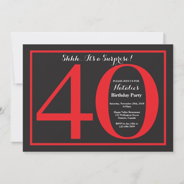 Invitación Sorpresa 40.º tablero rojo y negro de cumpleaños (Anverso)
