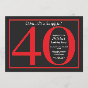 Invitación Sorpresa 40.º tablero rojo y negro de cumpleaños