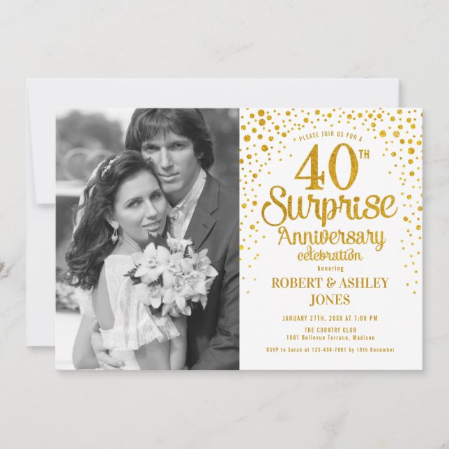 Invitación Sorpresa 40° aniversario con foto - Oro Blanco (Anverso)