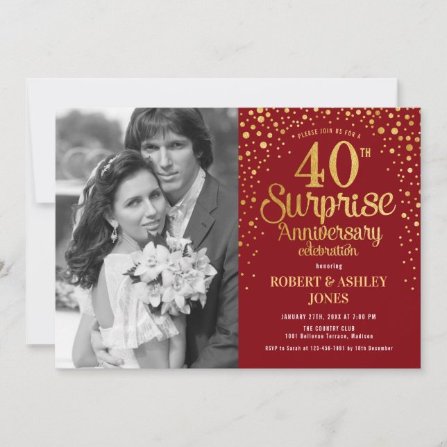 Invitación Sorpresa 40° aniversario con foto - Oro Rojo (Anverso)