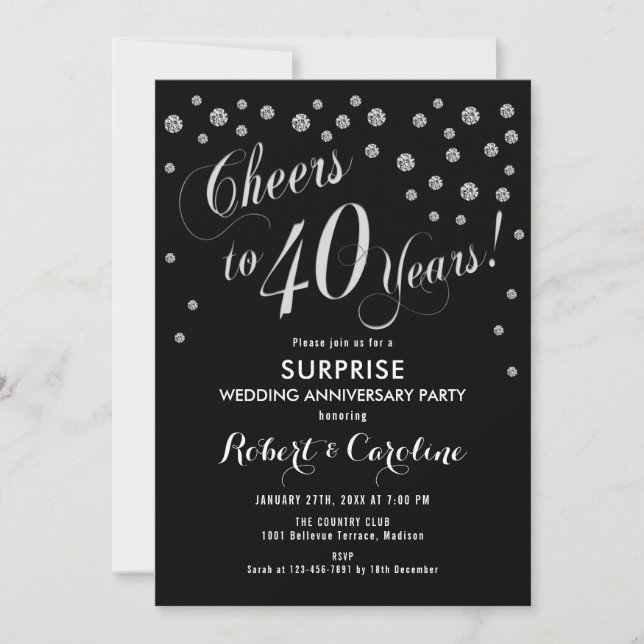 Invitación Sorpresa 40 Aniversario de Boda - Negro y Plata (Anverso)