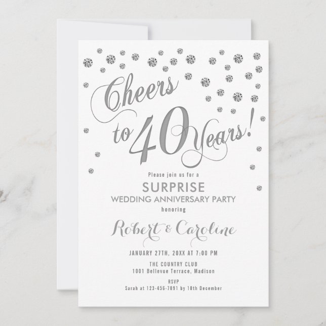 Invitación Sorpresa 40° Aniversario del Boda - Blanco y Plata (Anverso)