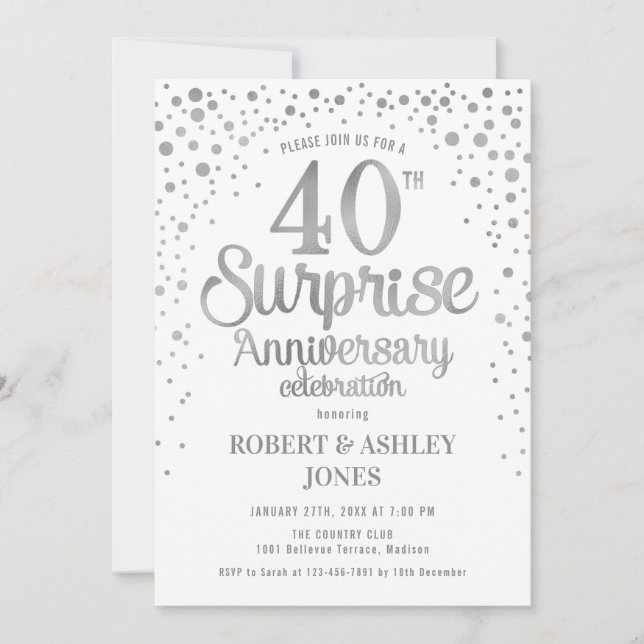 Invitación Sorpresa 40° Aniversario del Boda - Plata y Blanco (Anverso)