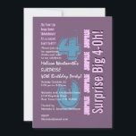 Invitación SORPRESA 40 Aniversario moderno morado<br><div class="desc">Este moderno diseño en color morado, azul y blanco es una manera elegante de invitar a sus huéspedes a un fiesta SORPRESA de 40 años. Todo el texto es totalmente personalizable. Puede cambiar el color de fondo o el de texto para un aspecto diferente. Aunque este diseño está incluido en...</div>