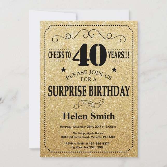 Invitación Sorpresa 40 años Purpurina negro y oro (Anverso)