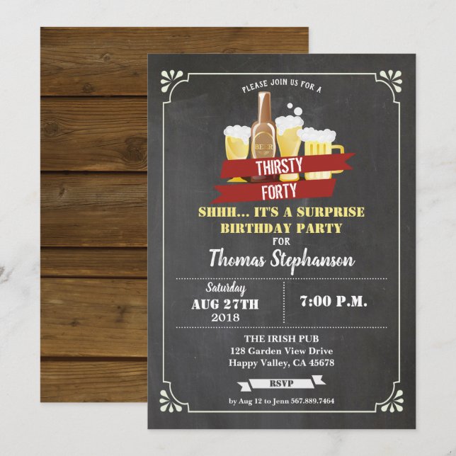 Invitación Sorpresa 40 cumpleaños 40 bar pizarra de 40 (Anverso / Reverso)