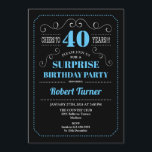 Invitación Sorpresa 40 cumpleaños - Azul negro<br><div class="desc">Sorpresa 40th Birthday Invitation Elegante pizarra retro,  diseño negro,  azul y blanco. ¡Salud a 40 años! Se puede personalizar para mostrar cualquier edad.</div>