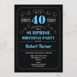 Invitación Sorpresa 40 cumpleaños - Azul negro<br><div class="desc">Sorpresa 40th Birthday Invitation Elegante pizarra retro,  diseño negro,  azul y blanco. ¡Salud a 40 años! Se puede personalizar para mostrar cualquier edad.</div>