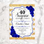 Invitación Sorpresa 40 cumpleaños - Azul real blanco dorado<br><div class="desc">Sorpresa 40.ª Invitación de cumpleaños. Diseño azul real y blanco femenino con oro falso purpurina. Cuenta con rayas,  rosas azules de zafiro,  fuente de guión y confeti. Perfecto para una elegante fiesta de cumpleaños. Se puede personalizar para mostrar cualquier edad. Mándame un mensaje si necesitas más personalización.</div>