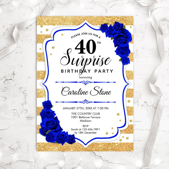 Invitación Sorpresa 40 cumpleaños - Azul real blanco dorado (Subido por el creador)