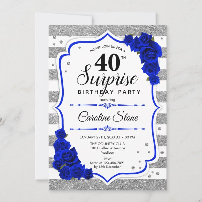 Invitación Sorpresa 40 cumpleaños - Azul real blanco plateado (Anverso)