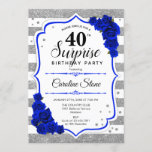 Invitación Sorpresa 40 cumpleaños - Azul real blanco plateado<br><div class="desc">Sorpresa 40.ª Invitación de cumpleaños. Diseño azul real y blanco femenino con una falsa plata purpurina. Incluye rayas,  rosas,  letra de guión y confeti. Perfecto para una elegante fiesta de cumpleaños. Se puede personalizar para mostrar cualquier edad. Mándame un mensaje si necesitas más personalización.</div>