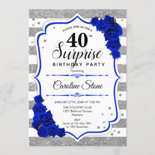 Invitación Sorpresa 40 cumpleaños - Azul real blanco plateado