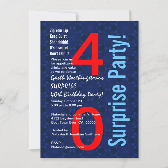 Invitación SORPRESA 40 cumpleaños Azul rojo blanco D345 (Anverso)