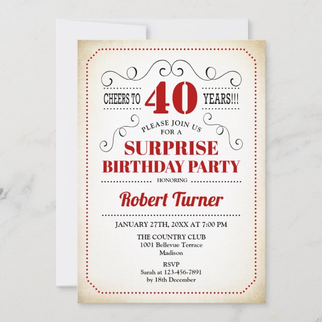 Invitación Sorpresa 40 cumpleaños - Blanco Rojo Negro (Anverso)