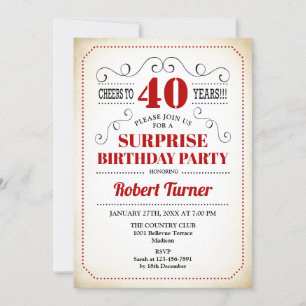 Invitación Sorpresa 40 cumpleaños - Blanco Rojo Negro