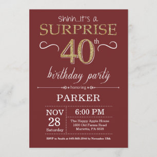 Invitación Sorpresa 40 cumpleaños Borgoña y Purpurina de oro