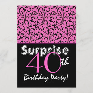 Invitación SORPRESA 40 cumpleaños, brillantes negras rosadas