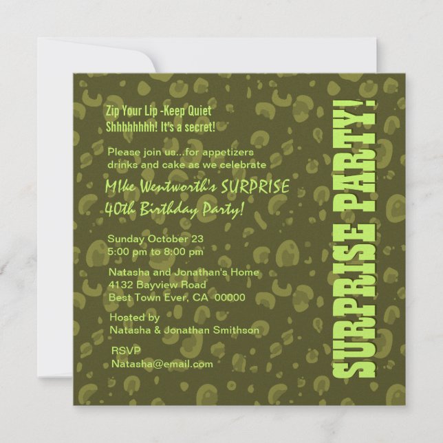 Invitación SORPRESA 40 cumpleaños Camo Confetti verde (Anverso)