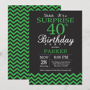 Invitación Sorpresa 40 cumpleaños Chevron negro y verde