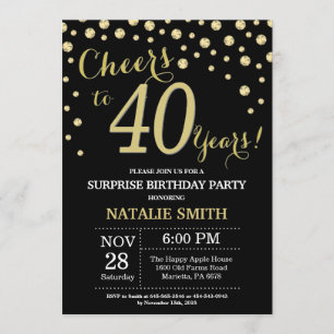 Invitación Sorpresa 40 cumpleaños Diamante negro y oro