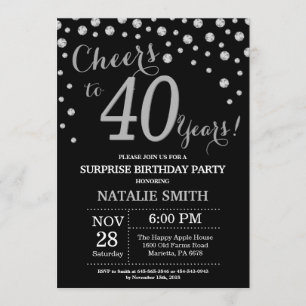 Invitación Sorpresa 40 cumpleaños Diamante negro y plateado