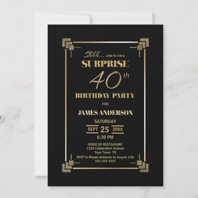 Invitación Sorpresa 40 cumpleaños Fiesta de oro y negro (Anverso)