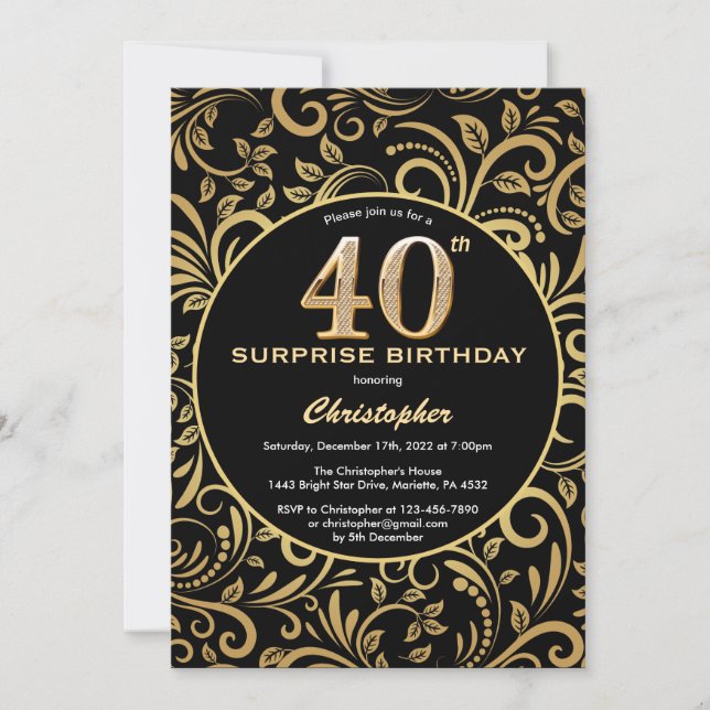 Invitación Sorpresa 40 cumpleaños Floral de oro y negro (Anverso)