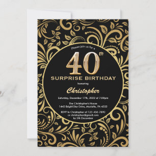 Invitación Sorpresa 40 cumpleaños Floral de oro y negro