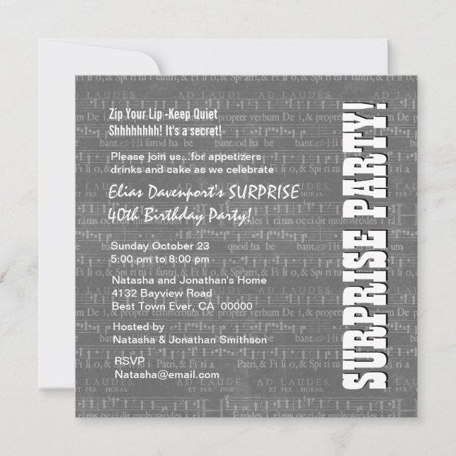 Invitación SORPRESA 40 cumpleaños Grethday White Music Notes  (Anverso)