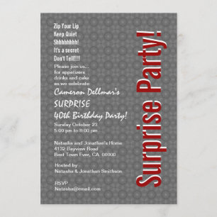 Invitación SORPRESA 40 cumpleaños gris moderno y rojo H431