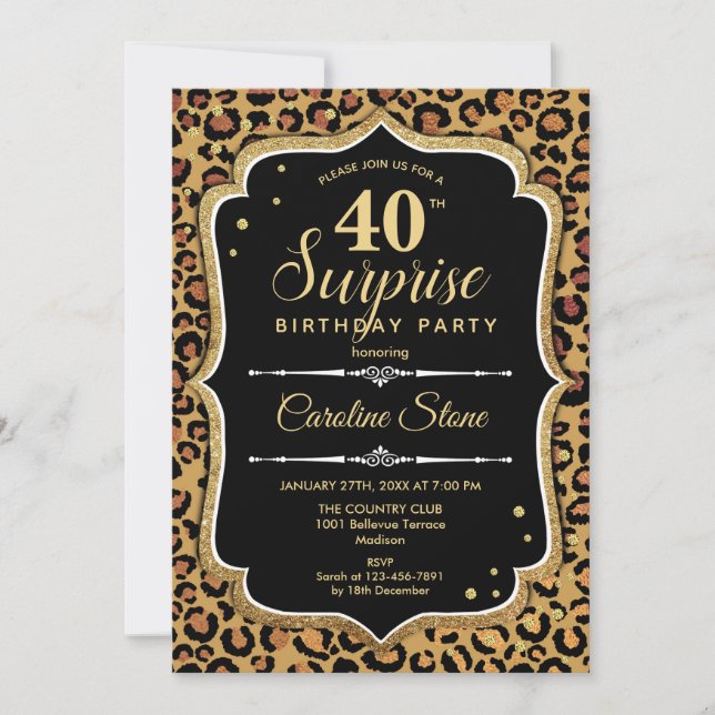 Invitación Sorpresa 40 cumpleaños - Leopard Black Gold (Anverso)
