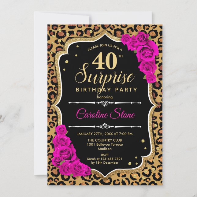 Invitación Sorpresa 40 cumpleaños - Leopard Black Gold Pink (Anverso)