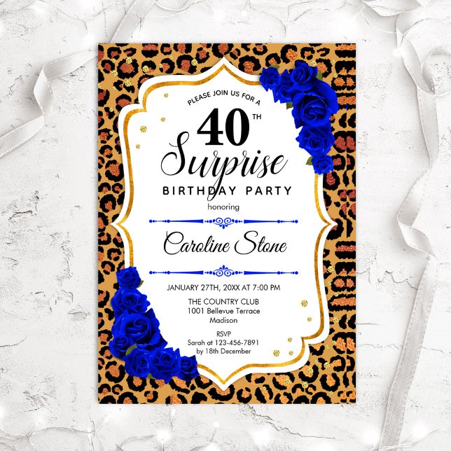 Invitación Sorpresa 40 cumpleaños - Leopard Gold Royal Blue (Subido por el creador)
