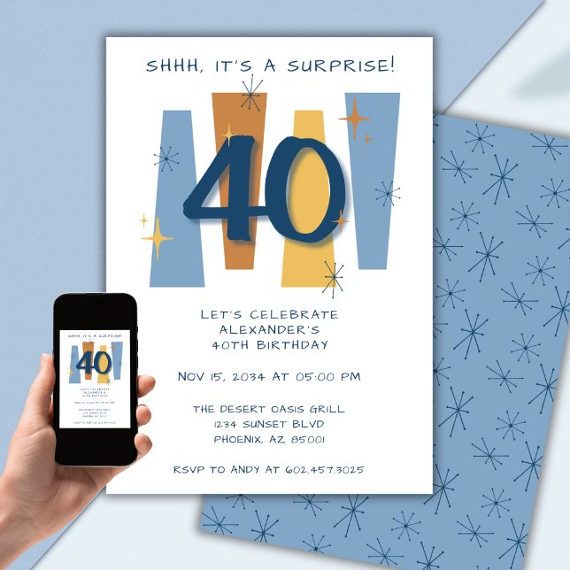 Invitación Sorpresa 40 cumpleaños Mediosiglo Azul moderno (Subido por el creador)
