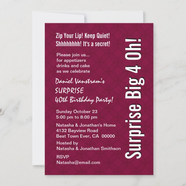 Invitación SORPRESA 40 cumpleaños moderno rojo F004 (Anverso)