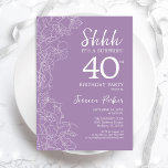 Invitación Sorpresa 40 cumpleaños - Morado floral<br><div class="desc">Floral Morado Sorpresa 40 Invitación de cumpleaños. El diseño femenino moderno minimalista presenta acentos botánicos y tipografía. Sencilla tarjeta de invitación floral perfecta para una elegante celebración de cumpleaños sorpresa femenina.</div>